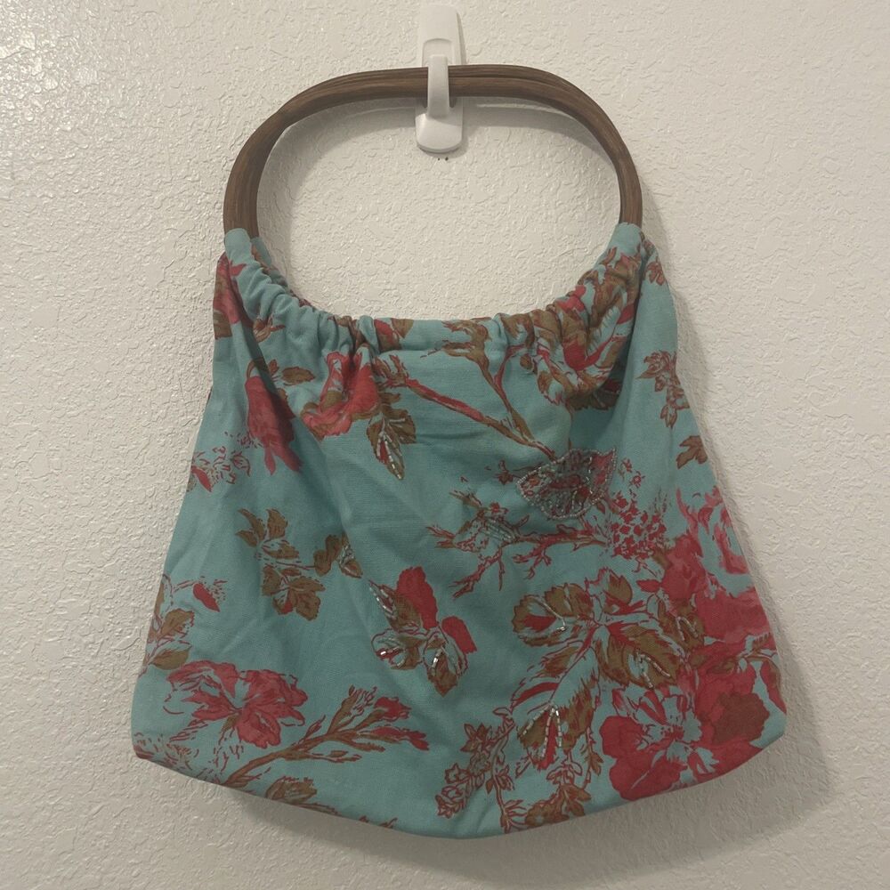 H&M Floral Fabric Tote Bag Wooden Handles Summer Beach Y2K Style Handbag Clean